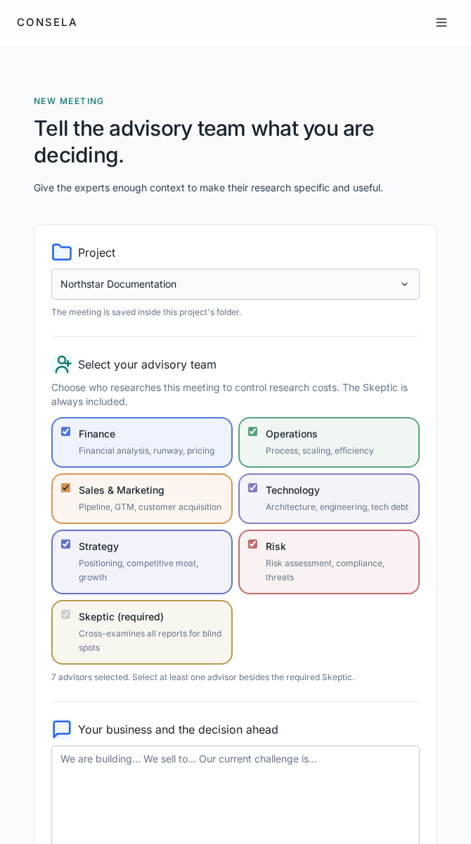 New meeting form with project, decision brief, advisor selection, language, documents, and notifications