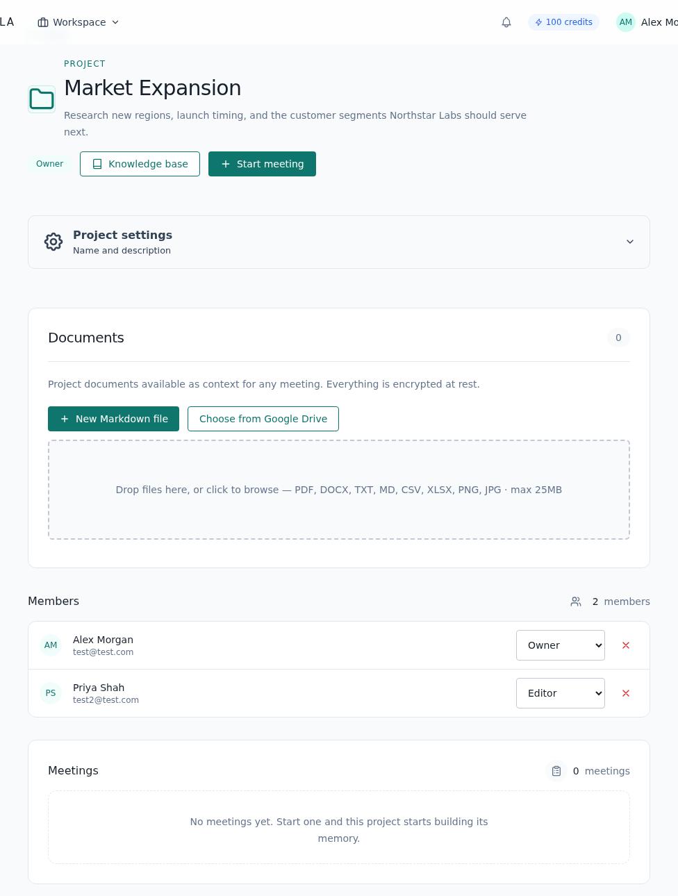 Fictional Northstar Labs Market Expansion project detail page showing meetings, Knowledge Base, and Start meeting actions
